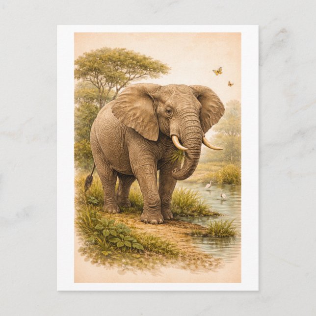 Elefantillustration i vintage-stil vykort (Framsida)