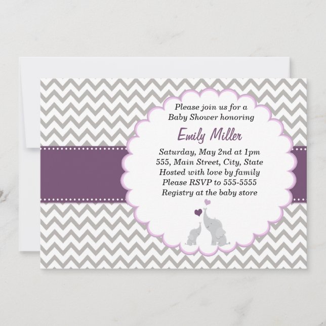 Elefantinbjudan Lila Chevron Baby Shower Inbjudningar (Framsida)