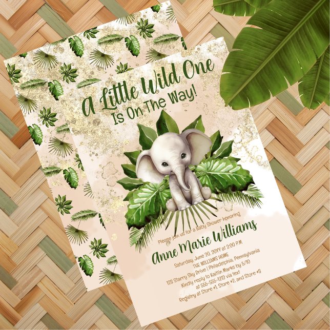 Elefantliten Vild 1 är på väg att bli en babyskugg Inbjudningar (Tropical Safari Cute Elephant "A Little Wild One Is On The Way" Baby Shower Invitation )