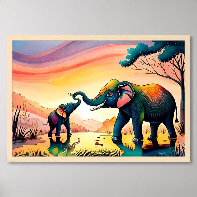 elefantmålning indian för barn mor lycklig i livet poster (elephant painting india child mother happy life)