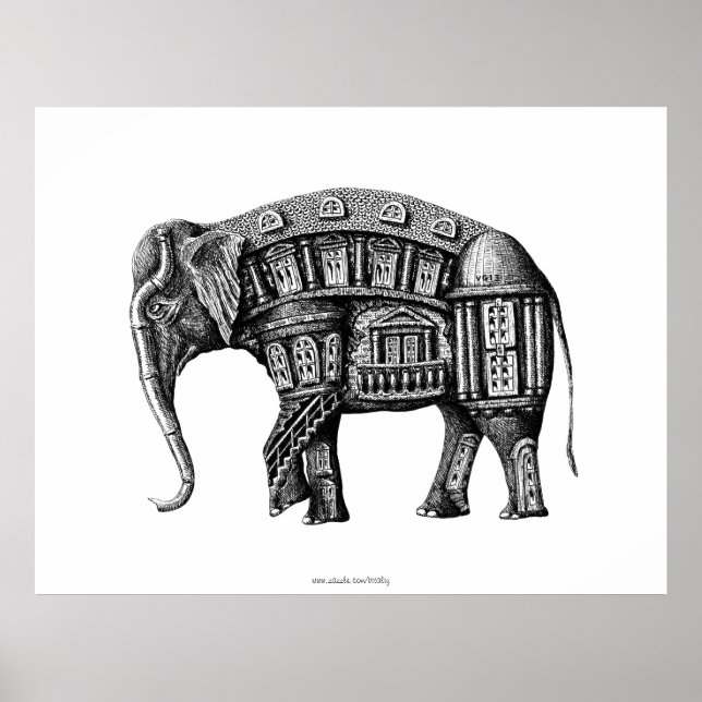 Elefantpenna Byggnad bläck svartvit teckning Poster (Framsidan)