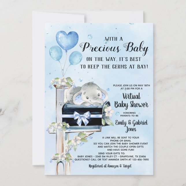 Elefantpojke Covid Baby Shower Via Posten Inbjudningar (Framsida)