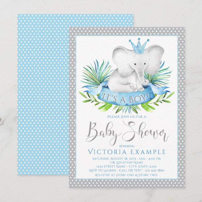 Elefantprins Pojke Baby Shower Inbjudningar (Fram/baksida)