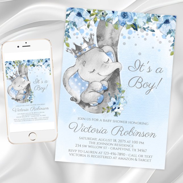 Elefantprins Pojke Bebis Babyshower Inbjudan (Elephant prince baby shower invitation. Instant download and printed invitations available.)