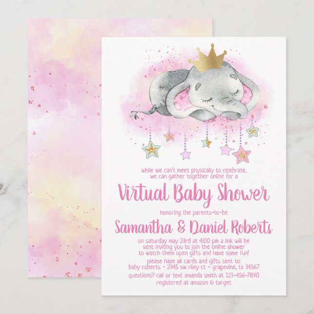Elefantprinsessa virtuell baby shower-inbjudan inbjudningar (Fram/baksida)