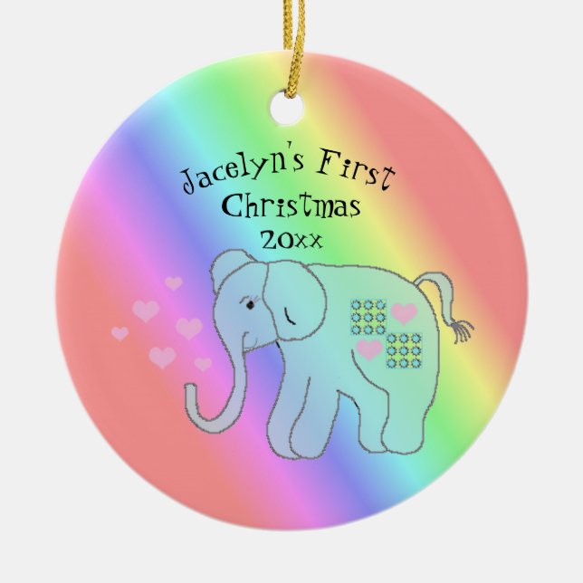 Elefantregnbågsfärger Babys första jul Julgransprydnad Keramik (Framsidan)