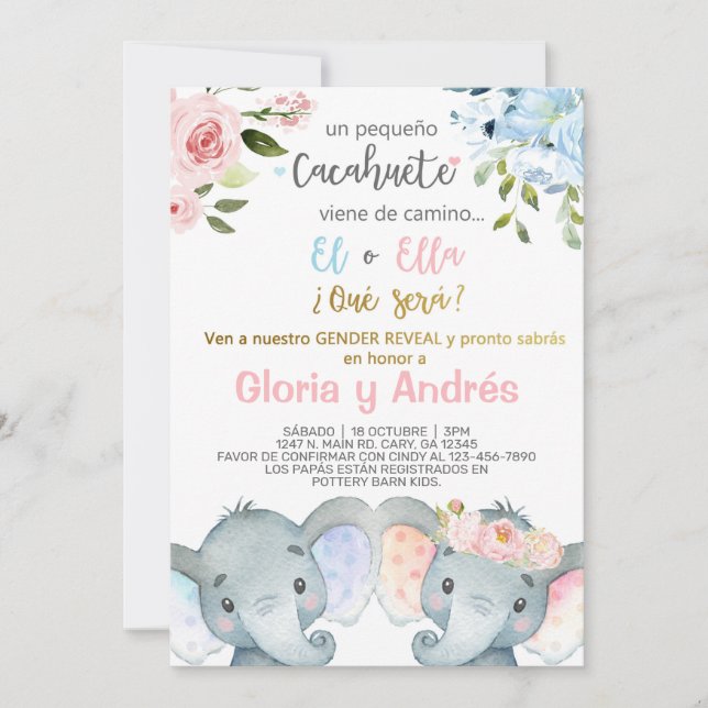 Elefants gender avslöjar inbjudan, spanska. inbjudningar (Framsida)