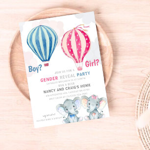 Elefants & Hett-Luft Balloons Gender Reveal Party Inbjudningar