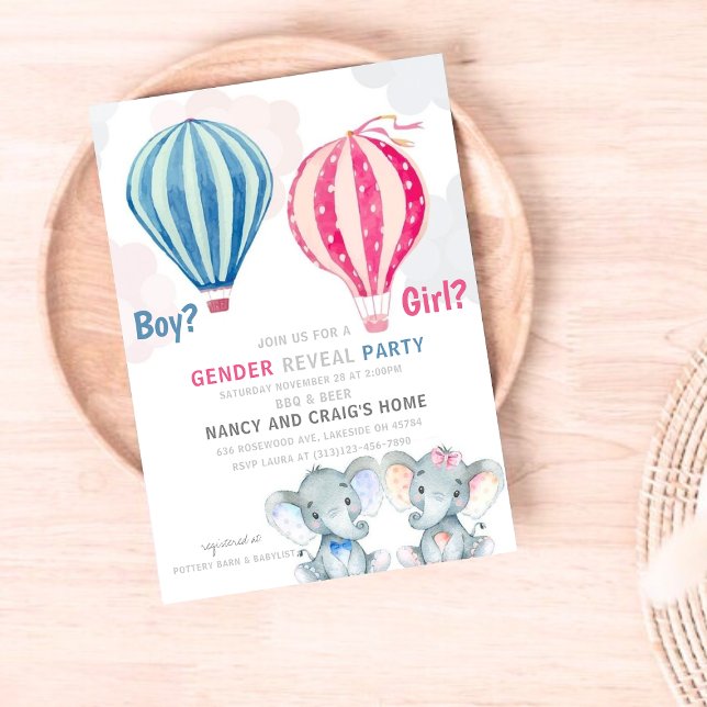 Elefants & Hett-Luft Balloons Gender Reveal Party Inbjudningar (Skapare uppladdad)