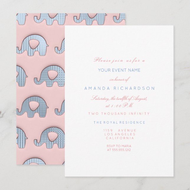 Elefants Rosa Pastel Blue Baby Shower White Inbjudningar (Fram/baksida)