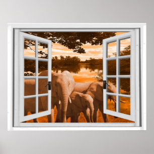 Elefantsolnedgången beskådar Trompe - l ' oeil Poster