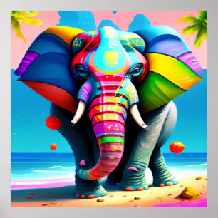 Elefantutskrift av funky och uppspelning av regnbå poster