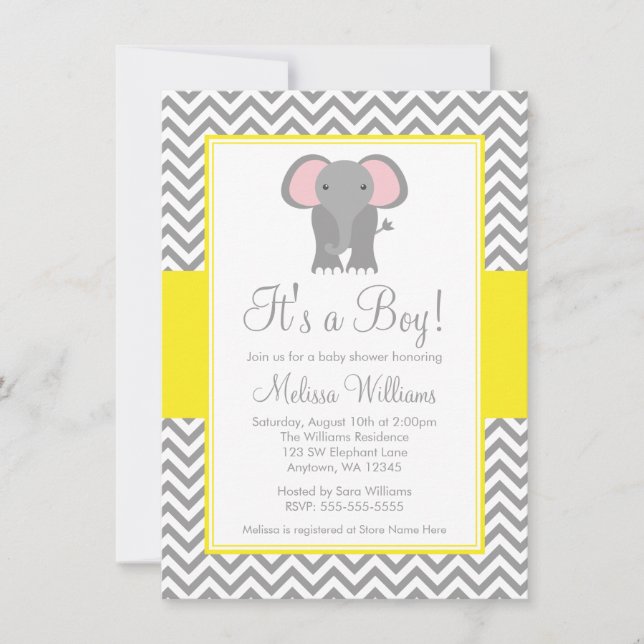 Elefanumerant Chevron Gult Grått Baby Shower Inbjudningar (Framsida)