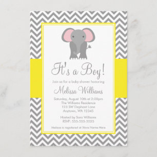 Elefanumerant Chevron Gult Grått Baby Shower Inbjudningar