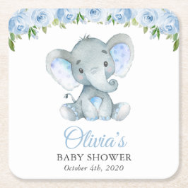 Eleftant, blå vattenfärgsblommor, babyskor underlägg papper kvadrat
