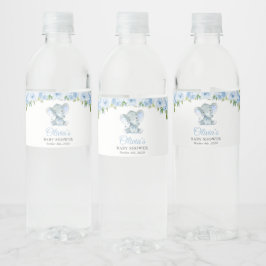 Eleftant, blå vattenfärgsblommor, babyskor vattenflaskor etikett