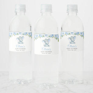 Eleftant, blå vattenfärgsblommor, babyskor vattenflaskor etikett