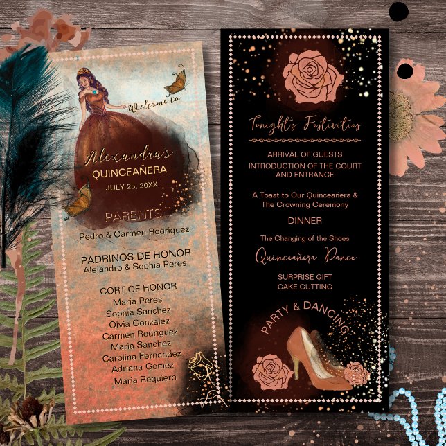 ElegaLuxe Metallisk Koppar Quinceanera Program (Elegant Vintage Copper Rose Quinceañera Program)