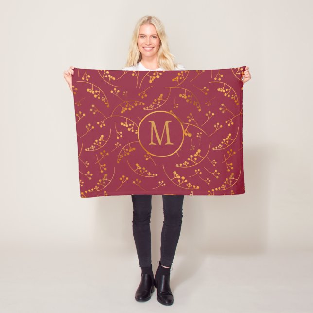 Elegan monogram guld berry marsala rosa mönster fleecefilt (På plats)