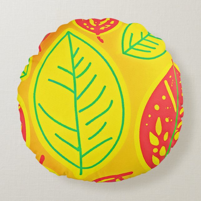 Elegance Art för levande färgstarka Löv Rund Kudde (Framsidan)