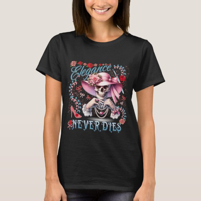 Elegance dör aldrig Rosa Skull T Shirt (Framsida)