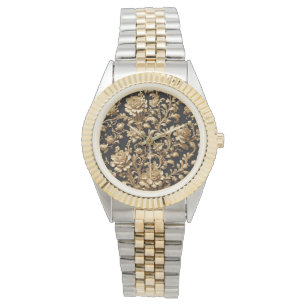 Elegance Enchanted: Black and Guld Blommigt Armbandsur