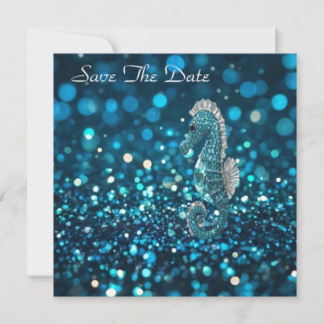 Elegance i Rörelse: Aqua Seahorse on Aqua Bokeh Spara Datumet (Framsida)