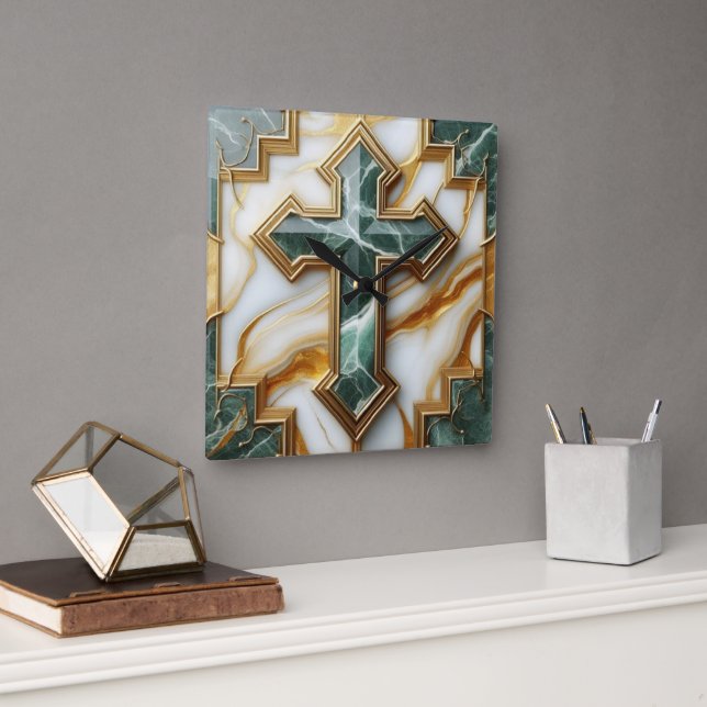 Elegance in Stone Golden-Framed Marble Kor Fyrkantig Klocka (Kontor)