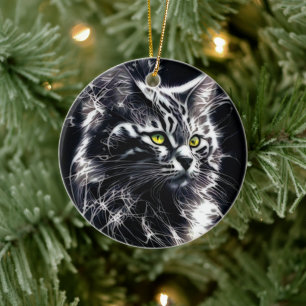 Elegance in Whiskers: Silver & Black Abstrakt Cat Julgransprydnad Keramik