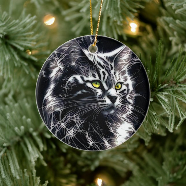 Elegance in Whiskers: Silver & Black Abstrakt Cat Julgransprydnad Keramik (Träd)
