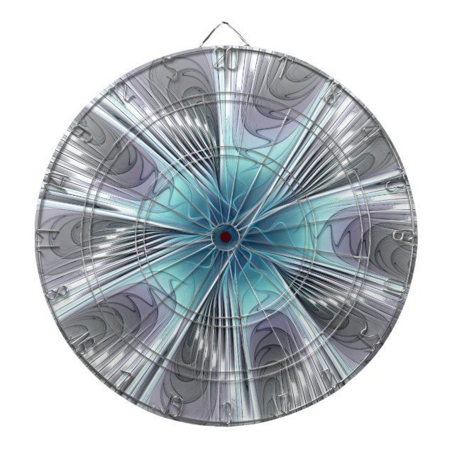 Elegance Modern Blue Grått White Fractal Art Flowe Darttavla (Framsidan)