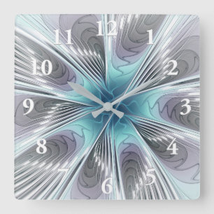 Elegance Modern Blue Grått White Fractal Art Flowe Fyrkantig Klocka