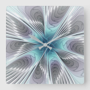 Elegance Modern Blue Grått White Fractal Art Flowe Fyrkantig Klocka