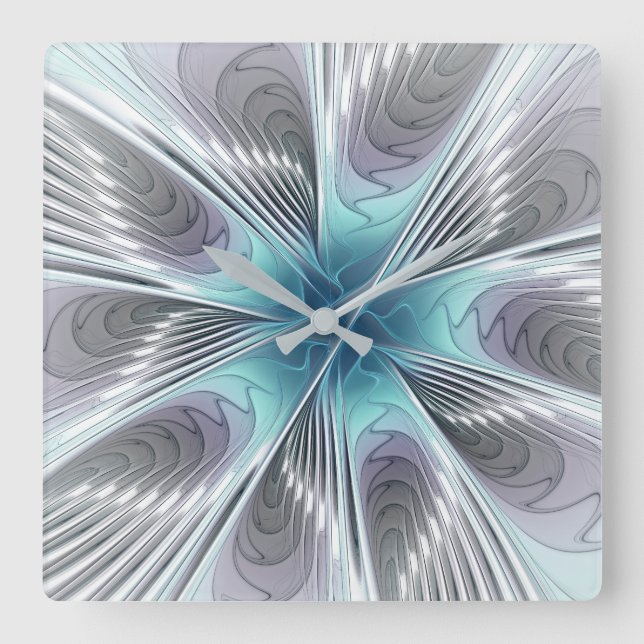 Elegance Modern Blue Grått White Fractal Art Flowe Fyrkantig Klocka (Framsida)