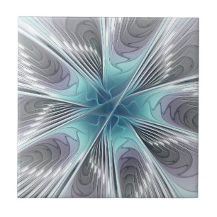 Elegance Modern Blue Grått White Fractal Art Flowe Kakelplatta