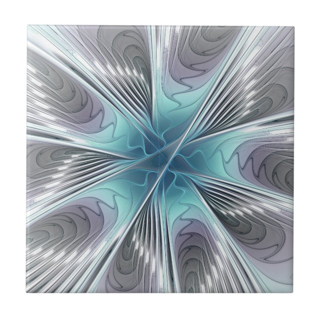 Elegance Modern Blue Grått White Fractal Art Flowe Kakelplatta (Framsidan)