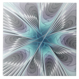 Elegance Modern Blue Grått White Fractal Art Flowe Kakelplatta