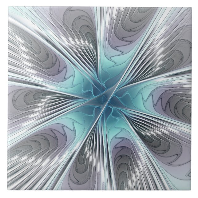 Elegance Modern Blue Grått White Fractal Art Flowe Kakelplatta (Framsidan)