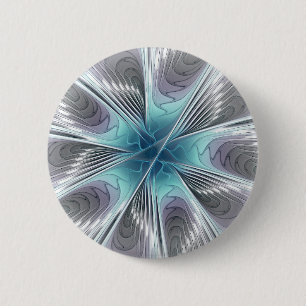 Elegance Modern Blue Grått White Fractal Art Flowe Knapp