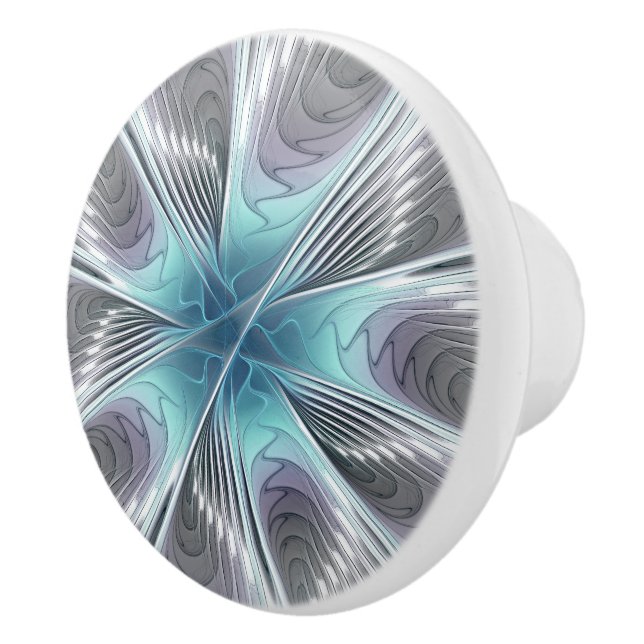 Elegance Modern Blue Grått White Fractal Art Flowe Knopp (Höger)
