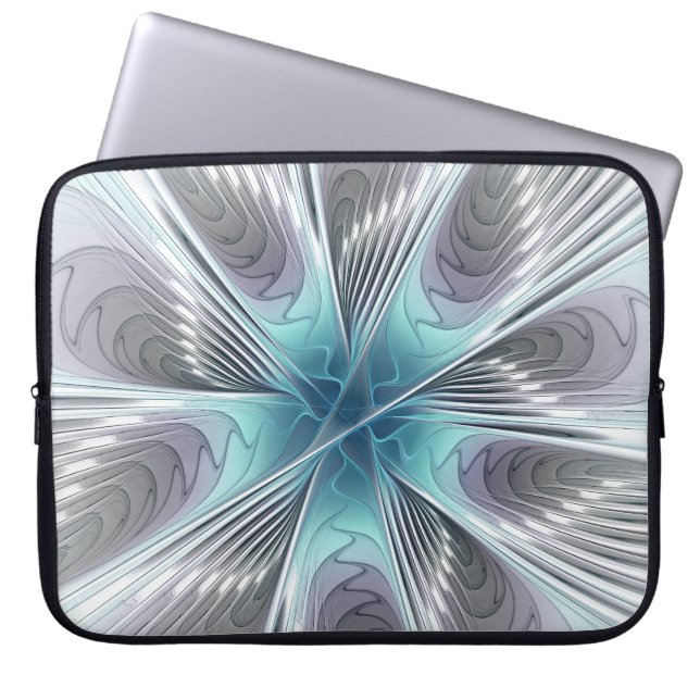 Elegance Modern Blue Grått White Fractal Art Flowe Laptop Fodral (Framsidan)