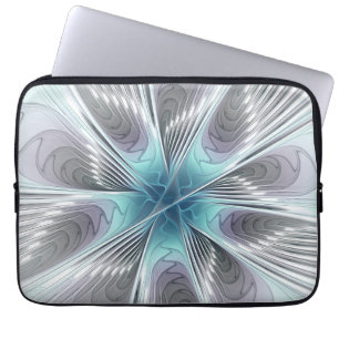 Elegance Modern Blue Grått White Fractal Art Flowe Laptop Fodral