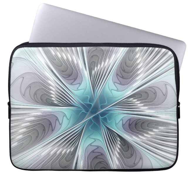 Elegance Modern Blue Grått White Fractal Art Flowe Laptop Fodral (Framsidan)