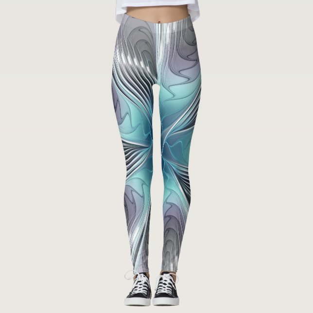 Elegance Modern Blue Grått White Fractal Art Flowe Leggings (Framsida)