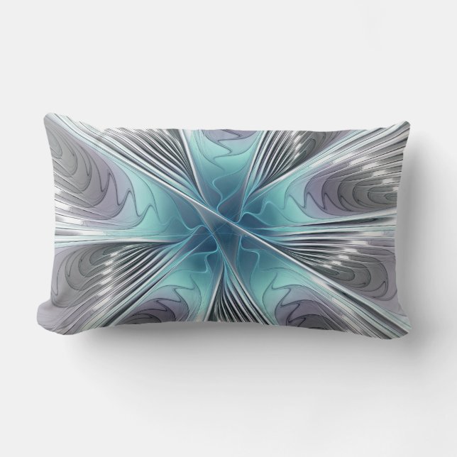 Elegance Modern Blue Grått White Fractal Art Flowe Lumbarkudde (Framsida)