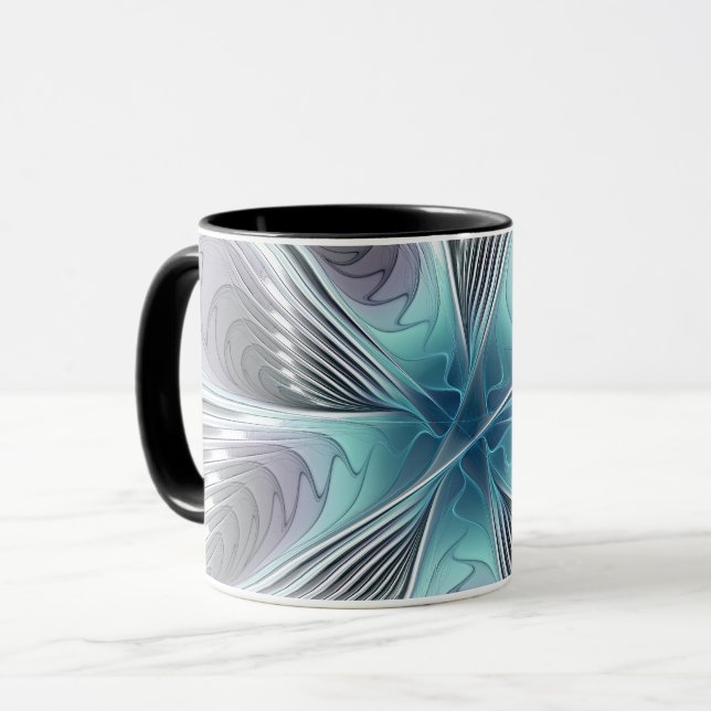 Elegance Modern Blue Grått White Fractal Art Flowe Mugg (Framsida vänster)