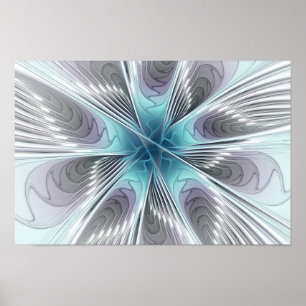 Elegance Modern Blue Grått White Fractal Art Flowe Poster