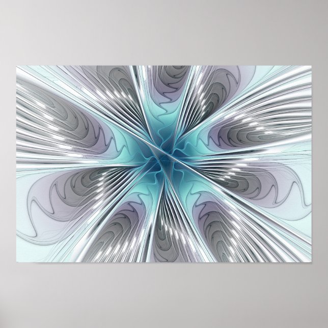 Elegance Modern Blue Grått White Fractal Art Flowe Poster (Framsidan)