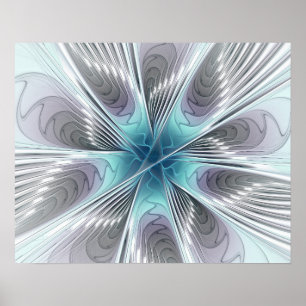 Elegance Modern Blue Grått White Fractal Art Flowe Poster