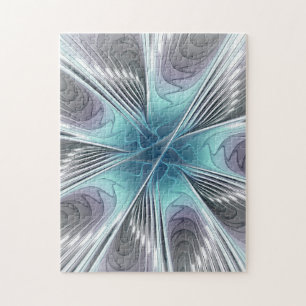 Elegance Modern Blue Grått White Fractal Art Flowe Pussel